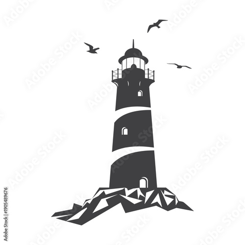Lighthouse stands on the rocks. Black silhouette of lighthouse tower with flying seagulls on white background.