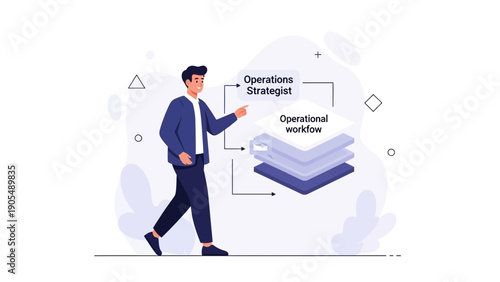 Businessman pointing to operational workflow diagram, business strategy concept