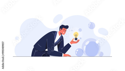 Businessman Holding Glowing Light Bulb, Symbol of Innovation and New Ideas