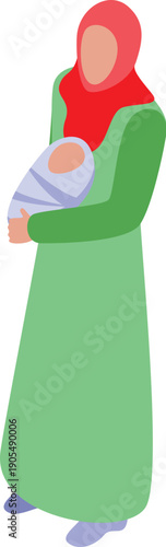 Muslim woman wearing traditional clothing holding her newborn baby lovingly in her arms