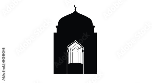 Islamic Mosque Dome Silhouette with Archway and Crescent Moon Symbol