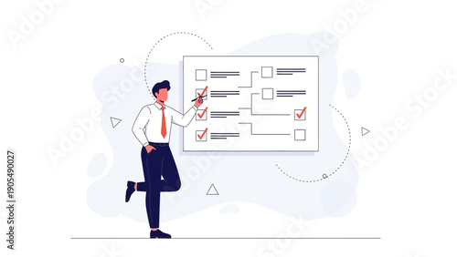 Businessman checking off tasks on a large checklist board, planning and organization concept
