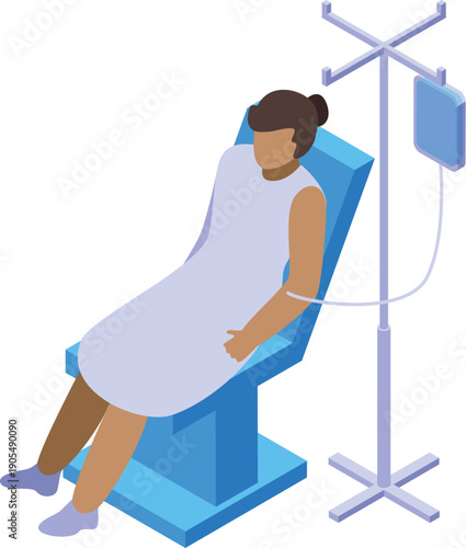 Hospital patient is receiving intravenous therapy, comfortably seated on a chair