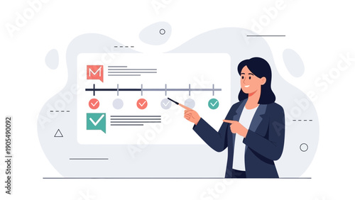 Businesswoman pointing at timeline checklist on screen, project management concept