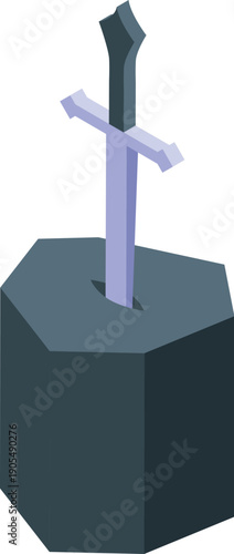 Isometric view of a magic sword piercing a dark grey stone, creating a captivating fantasy scene