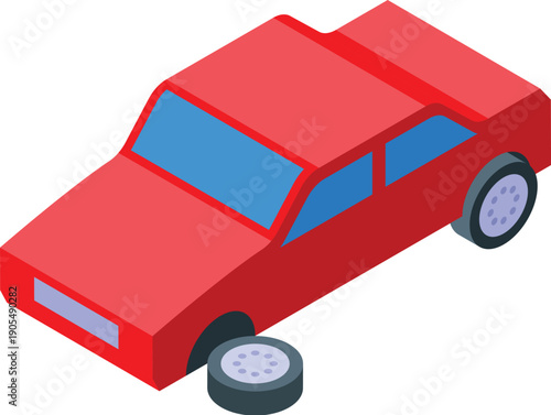 Red car losing a wheel while driving on the road, isometric car accident icon