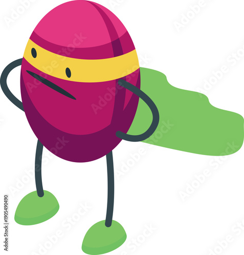 Cartoon superhero easter egg character wearing mask and cape standing with hands on hips, isolated on white background