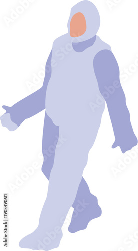 Scientist walking and wearing hazmat suit in laboratory or sterile environment