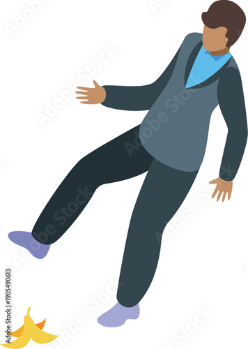Businessman losing balance, about to slip on banana peel, depicting workplace accident and safety hazard