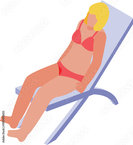 Blonde woman relaxing on beach chair wearing a red bikini, enjoying summer vacation