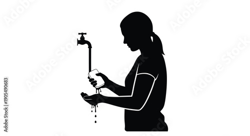 Silhouette of a woman washing hands under a faucet with dripping water