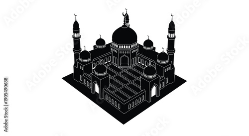Mosque architecture silhouette with domes and minarets on white background