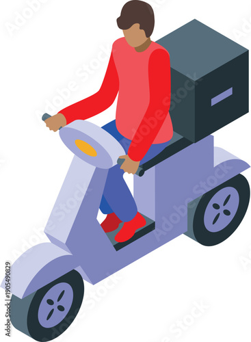 Delivery man riding scooter with parcel box isometric icon isolated on white background