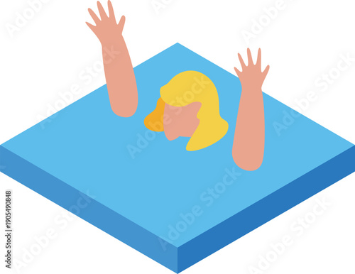 Woman drowning in water and raising hands asking for help, isometric vector illustration