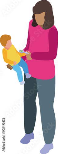 Babysitter is holding little baby and giving him medicine with spoon