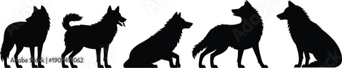Collection of dog silhouettes in various poses, standing sitting canine shapes, pet animal vector set, isolated black profile illustration