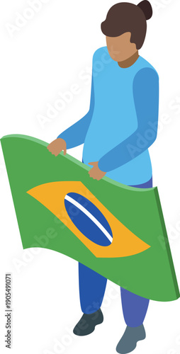 Isometric illustration of a person proudly displaying the brazilian flag, symbolizing patriotism and national identity