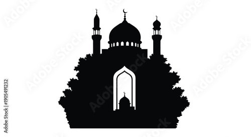 Mosque Silhouette with Domes and Minarets in Islamic Architecture Style