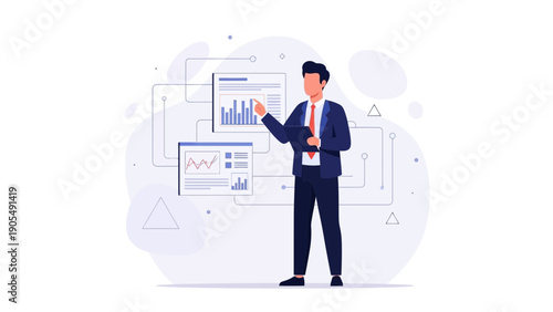 Business Analyst Presenting Financial Data Charts and Graphs on Screens