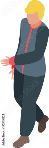 Young bellboy walking and making a welcoming gesture, depicted in isometric projection