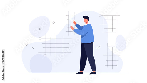 Man interacting with digital interface, data visualization, abstract background