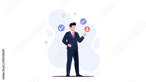 Businessman making decision with checkmarks and down arrow icons