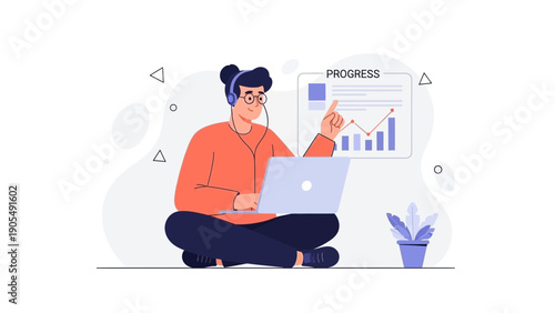 Young person with headphones learning on laptop, progress chart on wall