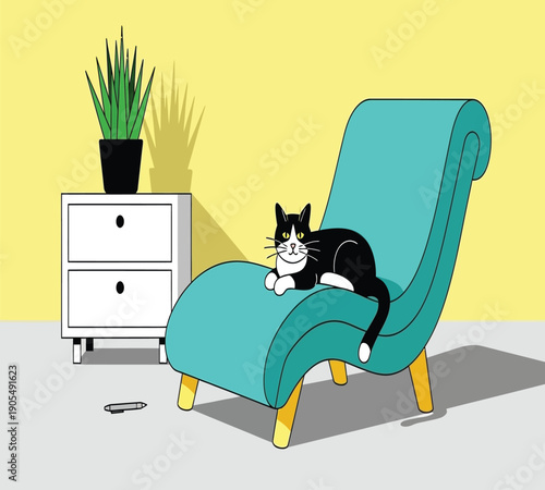 A black and white cat lounging on a teal chaise longue in a bright yellow room