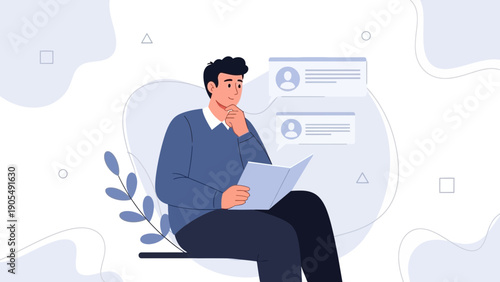 Man Reading Book, Thinking, Planning, Decision Making, Modern Flat Illustration