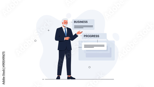 Senior businessman presenting business progress, modern flat illustration