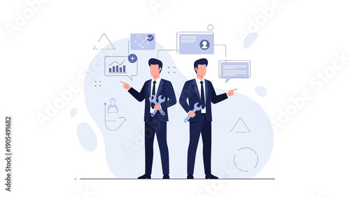 Businessmen with Tools and Charts - Teamwork, Solutions, Strategy