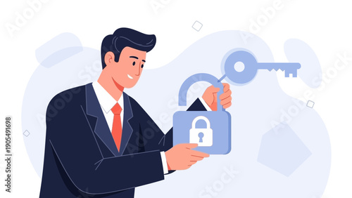 Businessman unlocking security with key, concept of access and safety