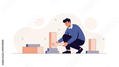 Man building with blocks, concept of construction, planning, and development