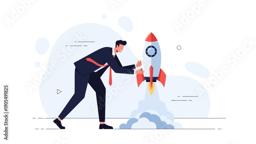 Businessman launching rocket, symbolizing startup, success, and innovation