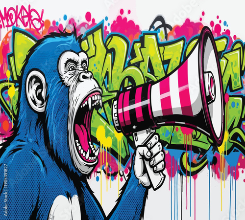 Graffiti gorilla with megaphone in vibrant urban setting