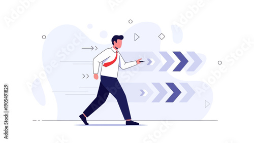 Businessman running forward, arrows indicating progress and speed, business concept illustration