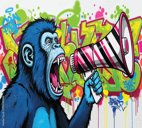 Vibrant gorilla graffiti art with megaphone