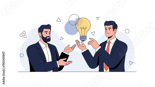 Businessmen discussing ideas, lightbulb above hands, teamwork and innovation concept