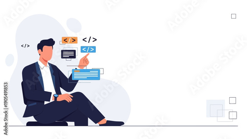 Programmer working on code with digital interface and abstract shapes