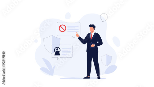 Businessman pointing at document with prohibition sign, rejection concept