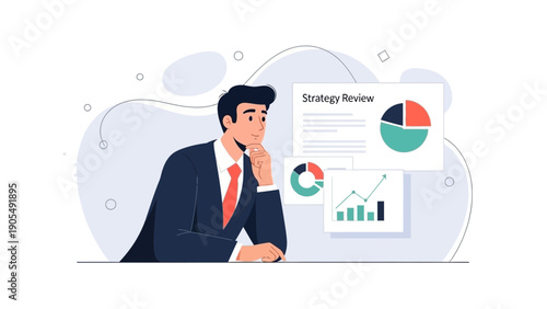 Businessman analyzing strategy review charts and graphs, thinking, business planning