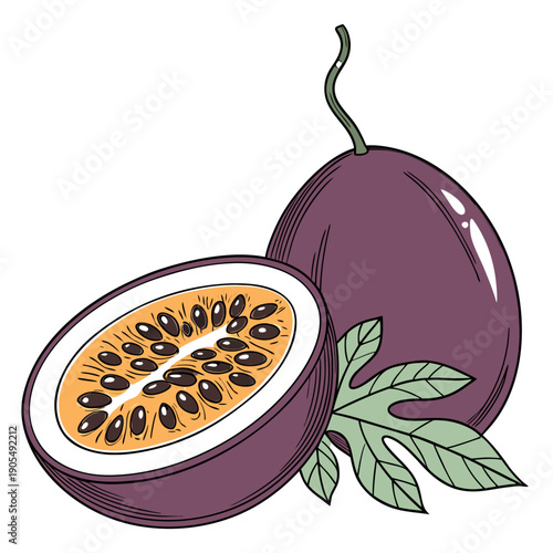 Passion Fruit Whole and Halved with Green Leaves Vector Illustration
