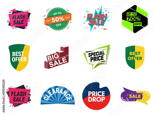 A vibrant collection of promotional labels and badges featuring discount offers and special prices displayed on various colorful badges