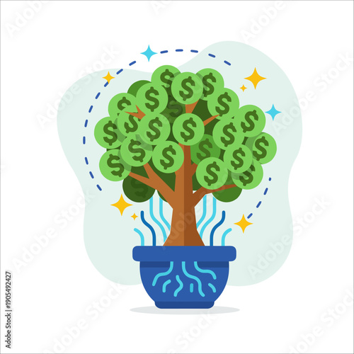 Vibrant flat design vector illustration of a prosperous money tree concept ideal for empty state ui templates and financial apps