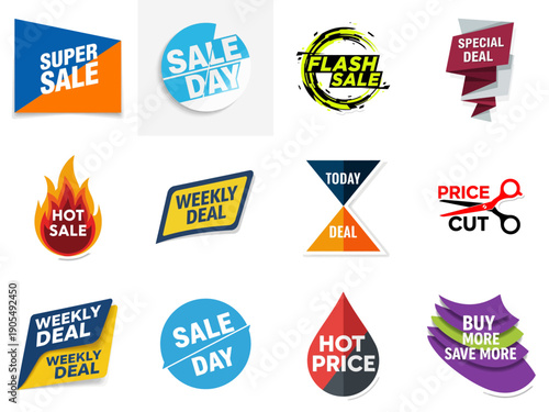 A collection of promotional labels and badges featuring sale day, discount, and hot price tags displayed on a clean background with a clear label and promotion signage