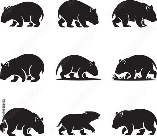 set of wombat silhouettes walking and eating on white background