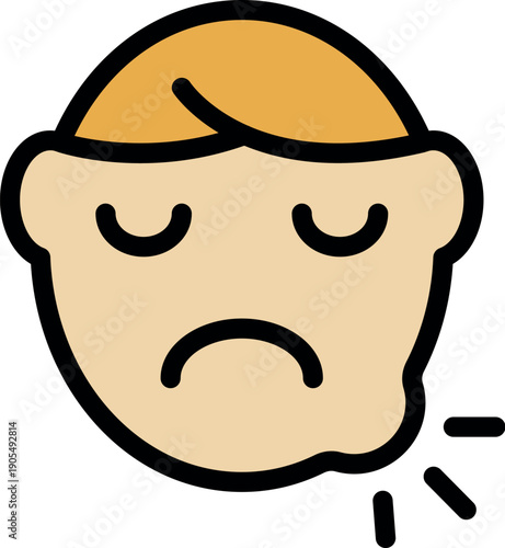 Cartoon face with closed eyes and sad expression suffering from toothache and gum swelling