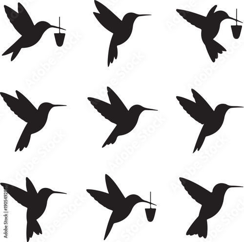 Silhouette of hummingbirds in various flying positions with some feeding from flowers