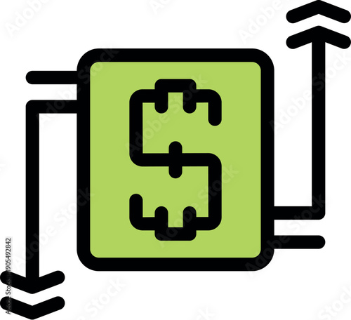 Dollar sign inside a digital device with up and down arrows, representing online money transactions and fluctuating values