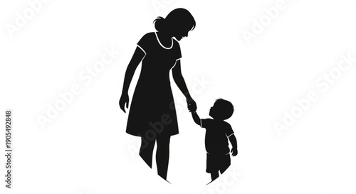 Mother Holding Hand of Child Silhouette Isolated on White Background